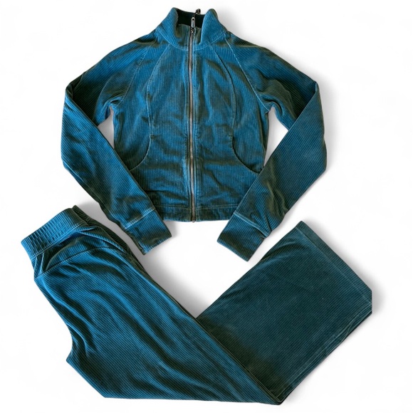 lululemon athletica Tops - Lululemon Track Set Scuba Jacket Wide Leg Pants Storm Teal Velvet Cord Size 4